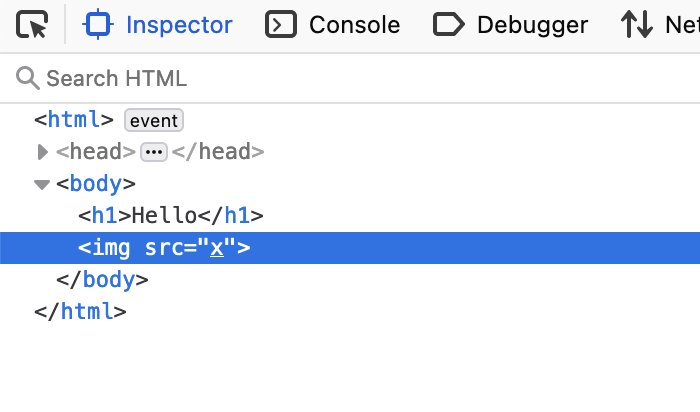 Devtools inspector consisting of a img tag with a source of x and a header with the value of "Hello"